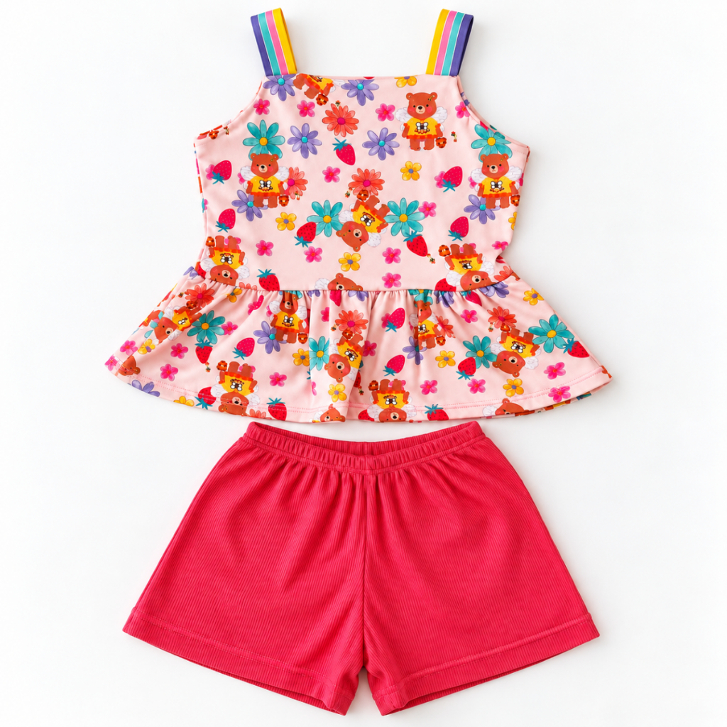 Conjunto Infantil Feminino em Poliéster Regata Estampada e Short Tamanhos 2, 3 e 4