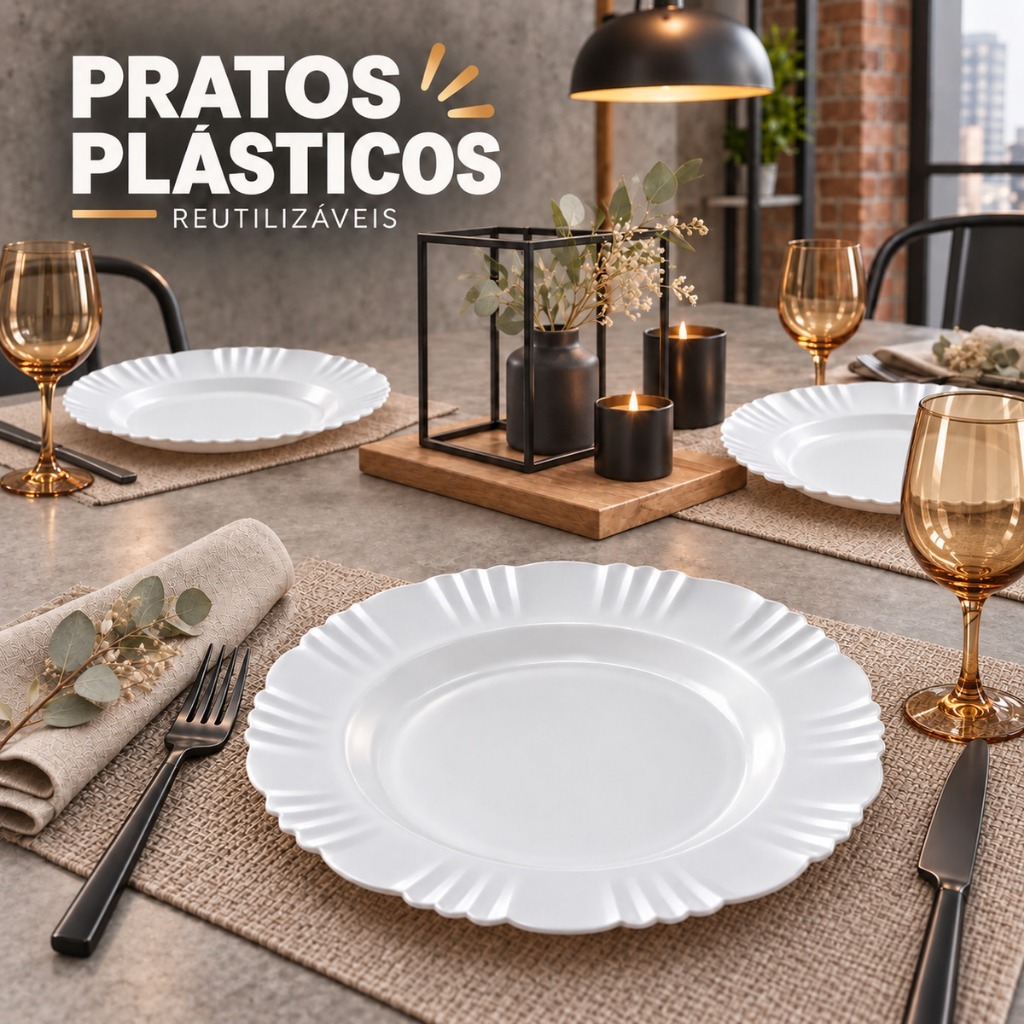 Kit Pratos de Plástico Reutilizáveis Resistentes – Jogo para Churrasco, Jantar e Festa