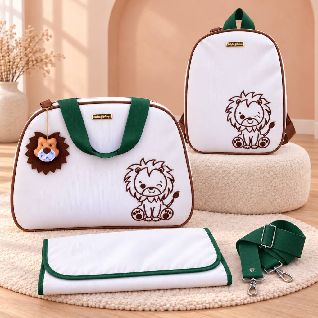 Kit Bolsa Maternidade Mochila E Trocador Leãozinho 3 Peças Térmica e Impermeável