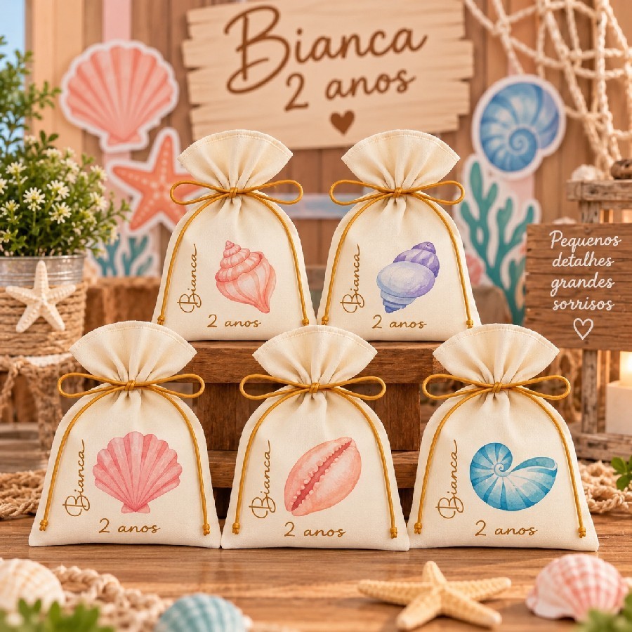 Kit 10 Saquinho Personalizados Festa Lembrancinhas Fundo do Mar Concha