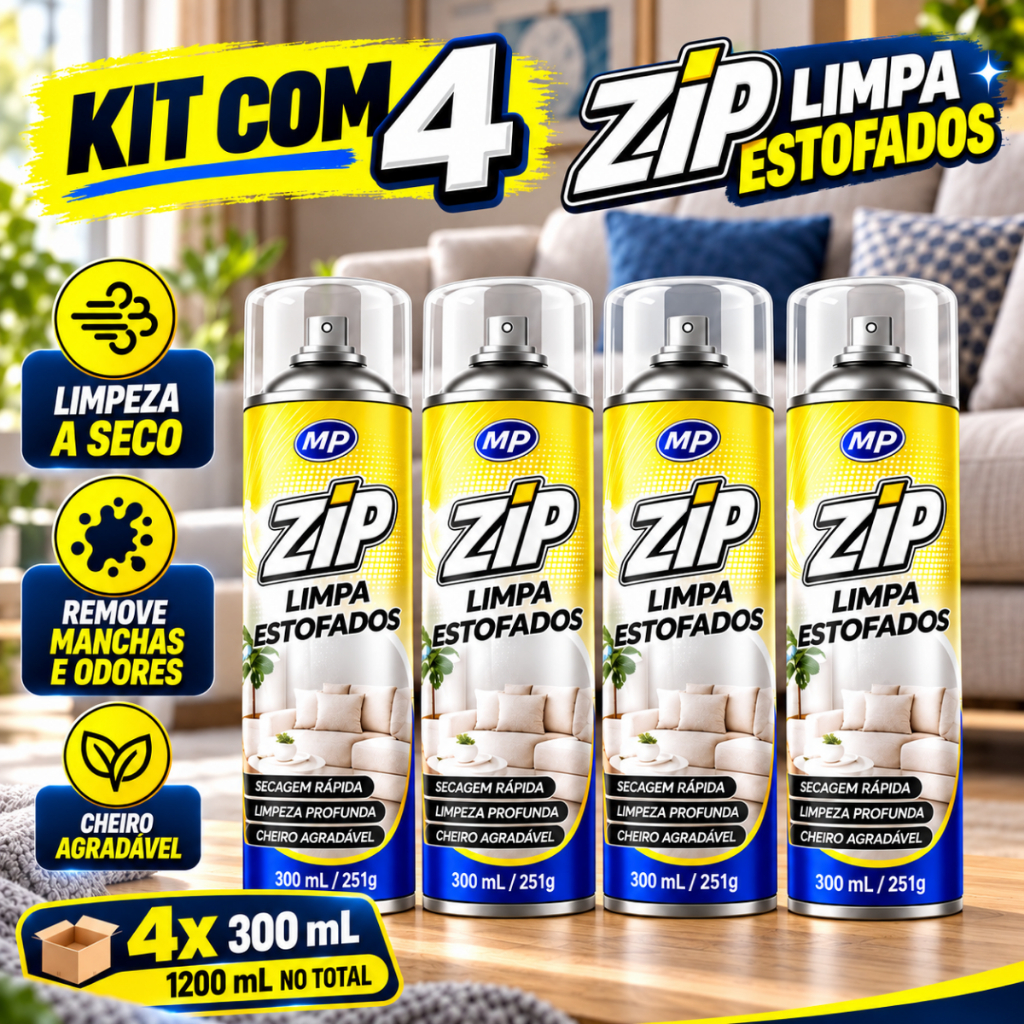 Kit 4 Spray Zip Limpa Estofados Espuma Magica Higieniza Remove Manchas Mau Cheiro Colchao Sofá