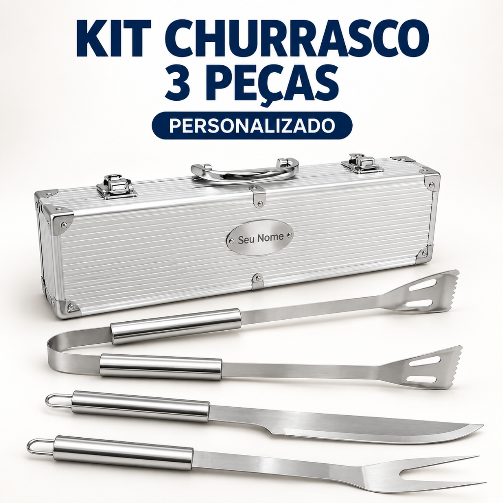 Kit Churrasco 3 Peças Personalizado Nome na Maleta Presente Pais Maridos e Churrasqueiros