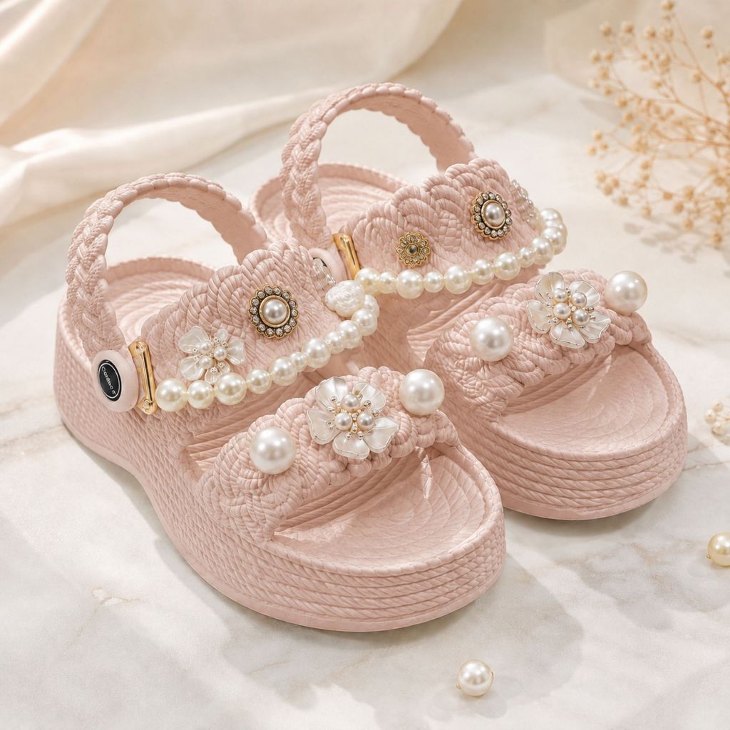 Papete Feminina Plataforma Babuche Nuvem Trançada Pingente Sandália Confortável Sandália Flatform