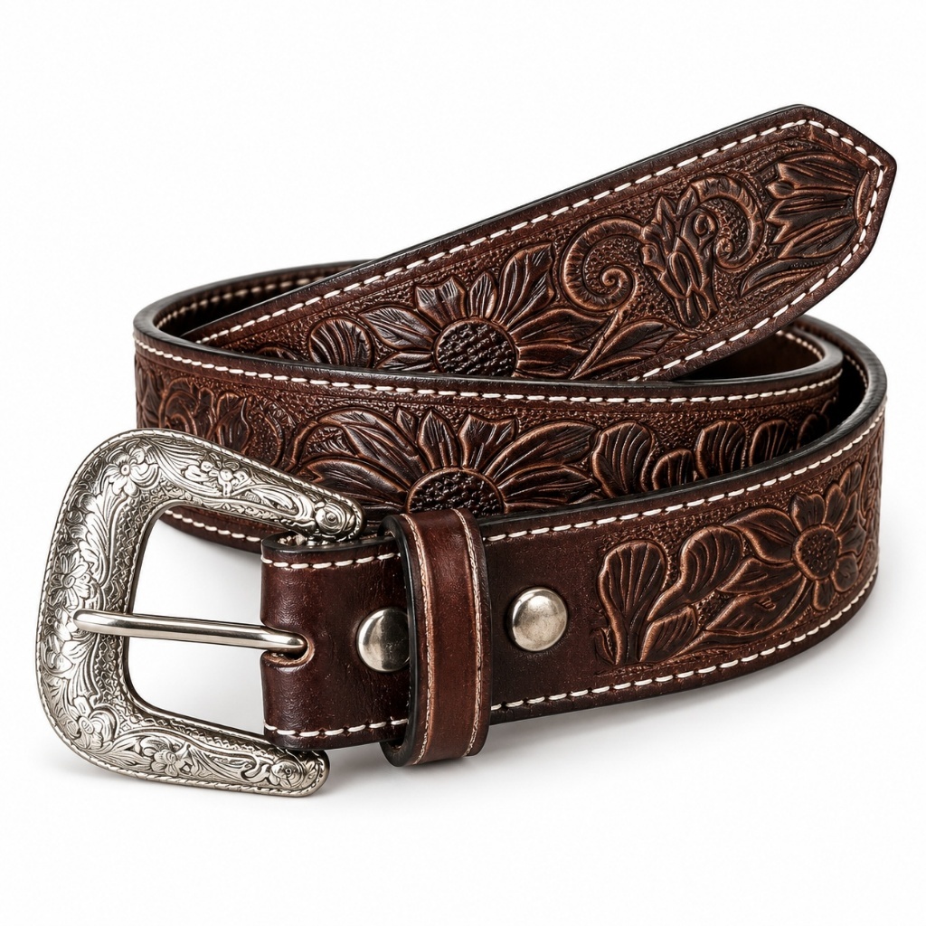 Cinto Masculino em Couro Estilo Country Western com Fivela Prateada Trabalhada Cowboy Rodeio e Fazenda.