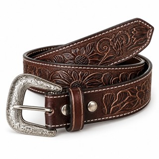 Cinto Masculino em Couro Estilo Country Western com Fivela Prateada Trabalhada Cowboy Rodeio e Fazenda.
