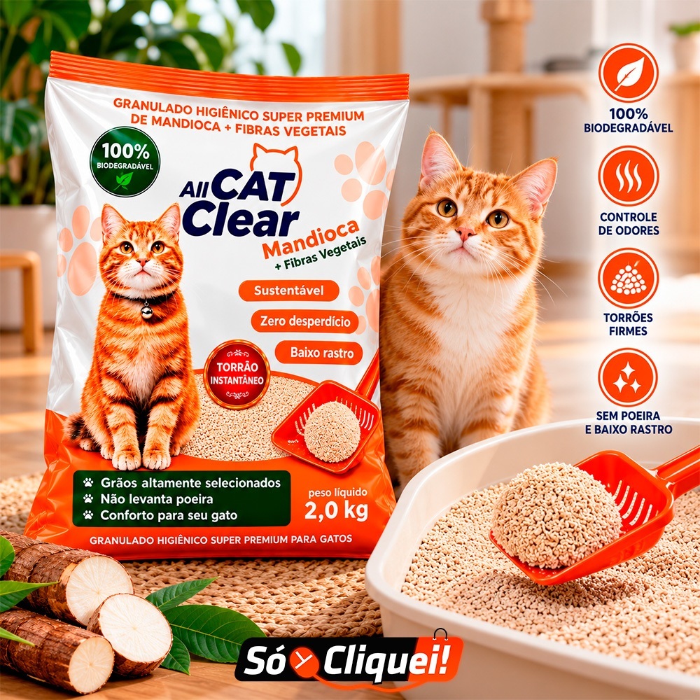 Areia de Gato All Cat Clear Mandioca 2KG Granulado Sanitário Biodegradável Alta Absorção Forma Torrões Firmes Evita Odor