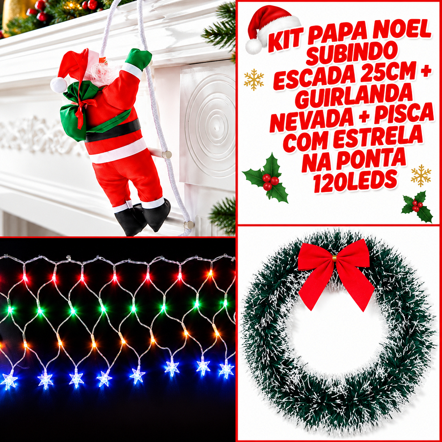 Kit Com Pisca Estrela Na Ponta Guirlanda Nevada Laço Papai Noel Subindo Escada Decoração Natalina