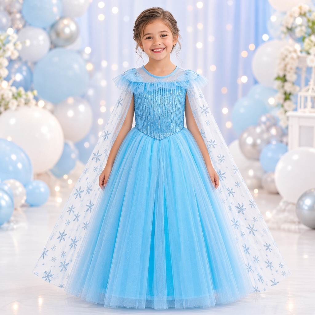 Fantasia Vestido Infantil Princesa do Gelo Com Capa Elsa Frozen Luxo Festa Aniversário Dia das Crianças