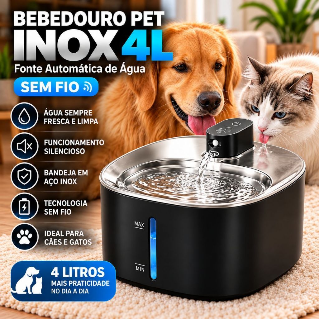 Bebedouro Pet Inox 4L Automático Fonte de Água Sem Fio para Cães e Gatos Silencioso - Cor Preta