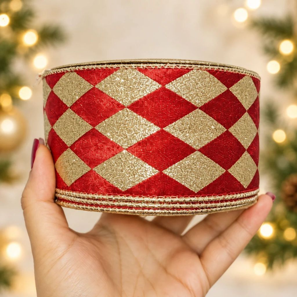 Fita Aramada Decorativa de Natal - Losango Vermelho e Dourado - 6,3cm x 9,14m - 1 unidade - Rizzo