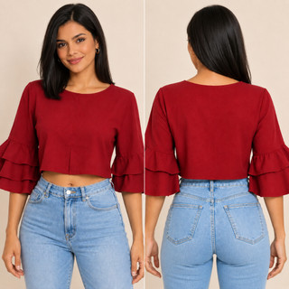 Cropped Boho Feminina Vinho com Manga de Babados