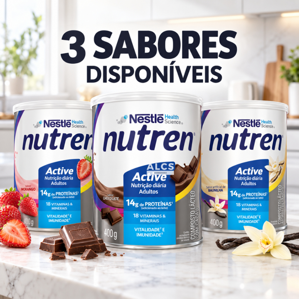 Nutren Active 400g Sabor Baunilha Chocolate Morango Nestlé Suplemento Alimentar em Lata