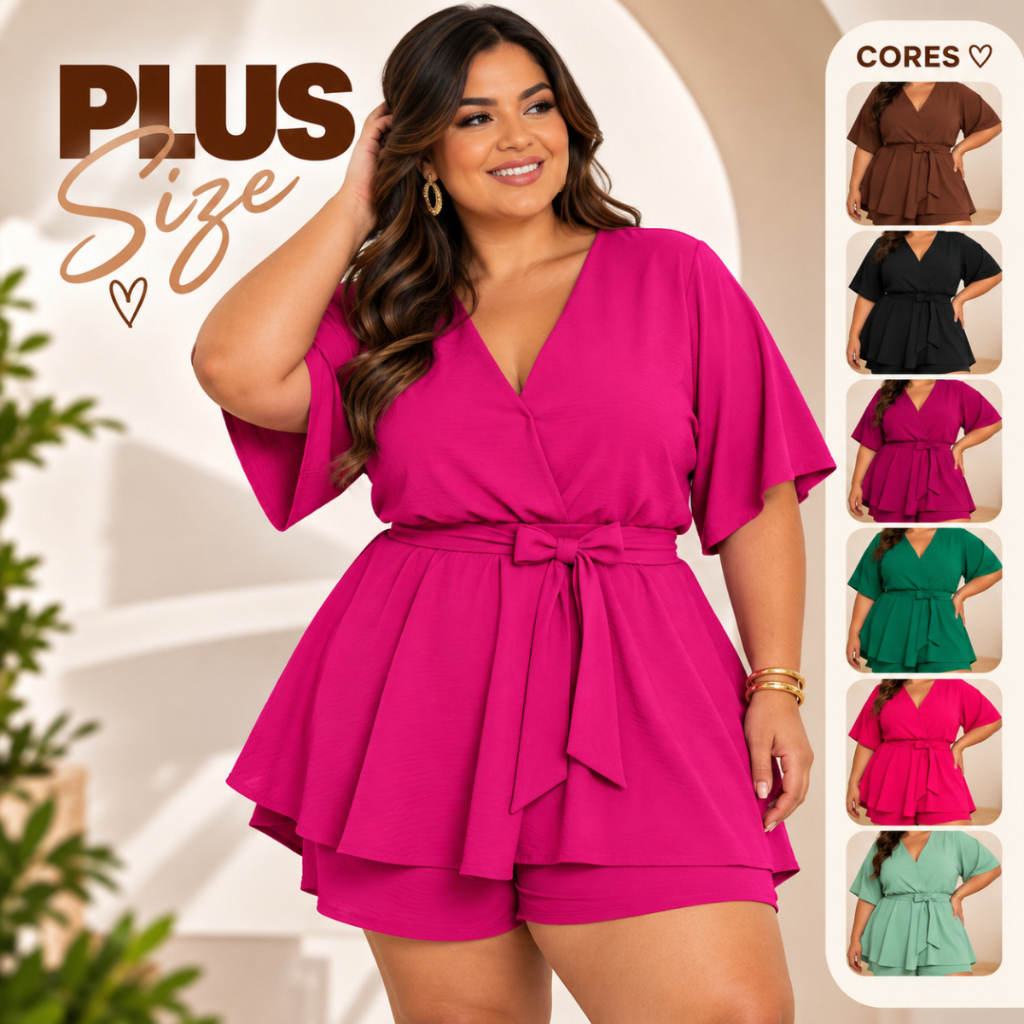 Macaquinho Feminino Plus Size Transpassado com Cinto Manga Solta Short Saia Elegante Confortável