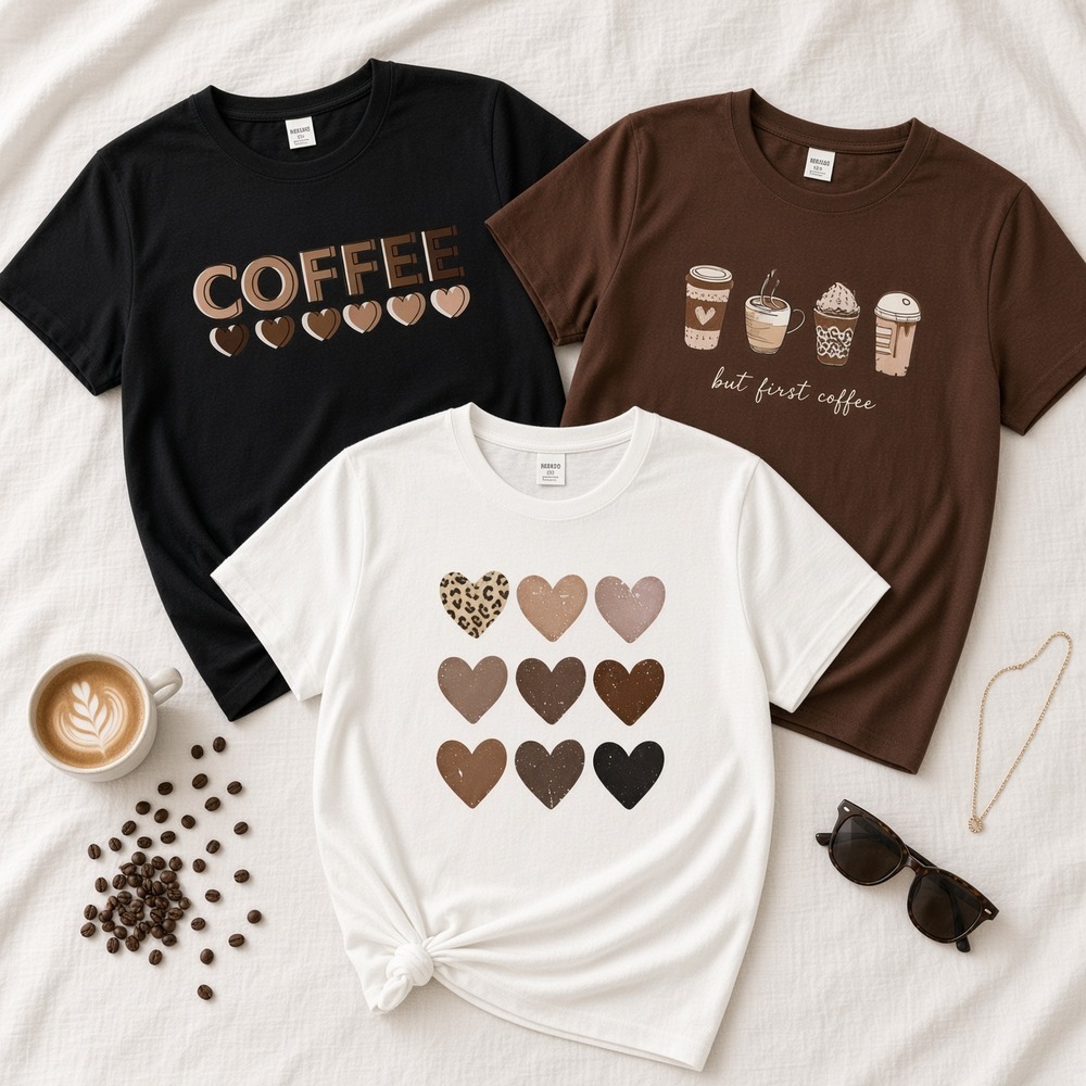 Kit 3 Camisetas Plus Size Femininas G1 ao G4 Estampadas Café Coffee, But First Coffee e 9 Coracoes — imagem 2 de 2