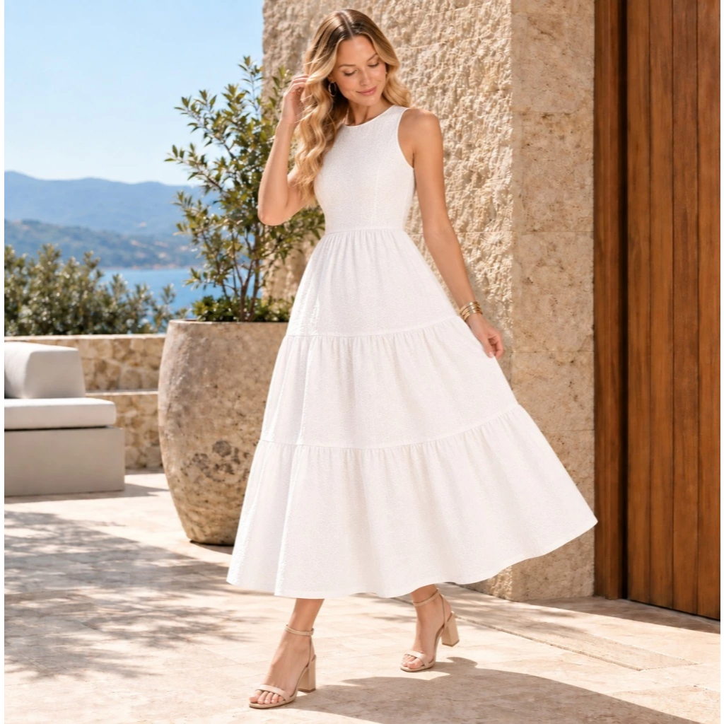 Vestido Midi Feminino Linho Casual Festa Com Bolsos Elegante Sem Mangas Moda Evangélica