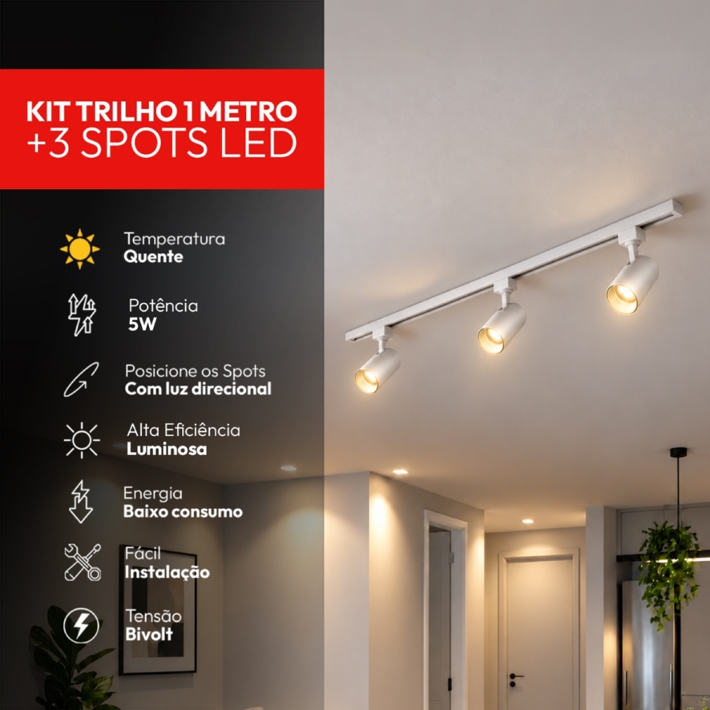 Kit Trilho Direcional 1m/2m + 3/6/8 Spot Led Evo 5w/7w/20w 3000K/6500K 350lm Branco ou Preto Avant