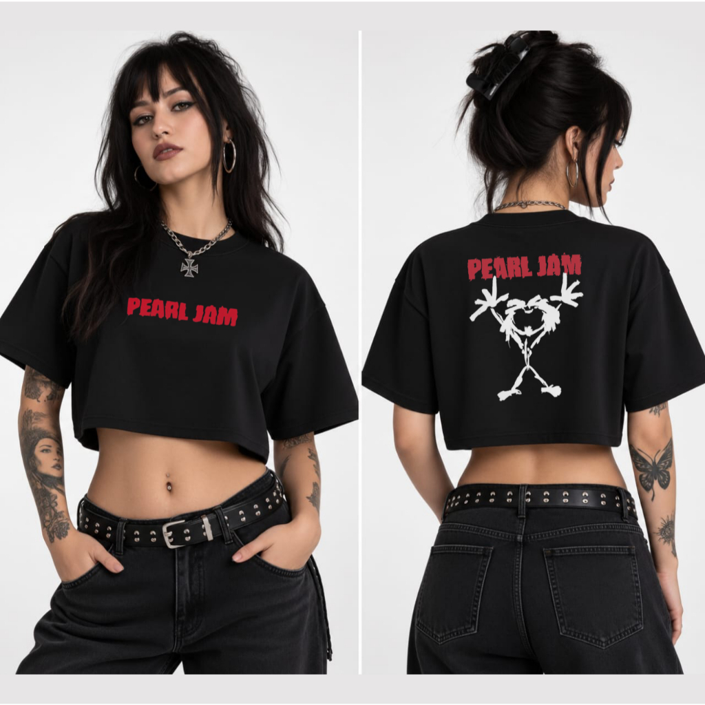Cropped Oversized Pearl Jam Camiseta Feminina Rock Grunge Estampada Algodão Oversized Banda Rock Vintage