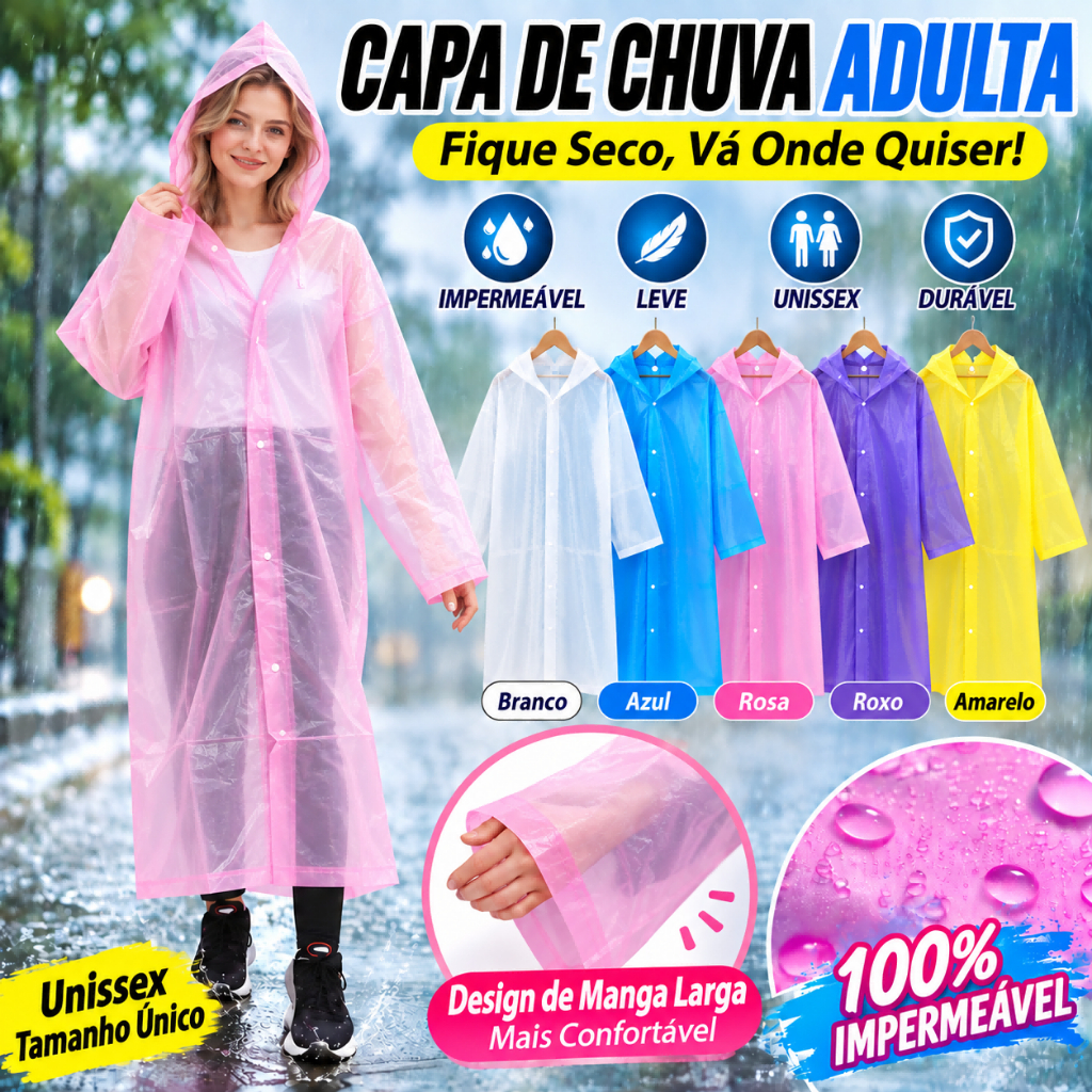 Capa de Chuva Adulto Unissex Impermeável Longa com Capuz Reutilizável Leve