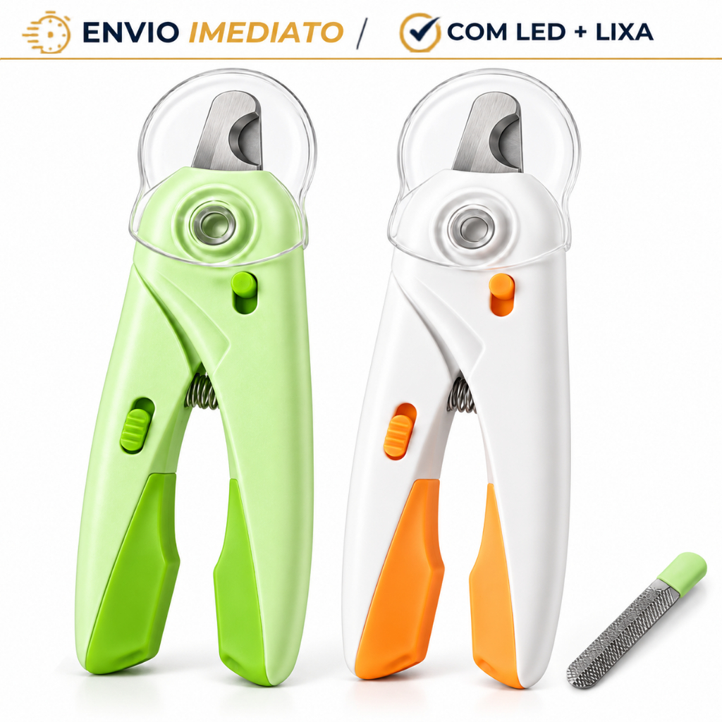 Cortador de Unhas Pet com LED para Cães e Gatos Protetor Anti-Resíduos Kit Lixa Integrada Tesoura