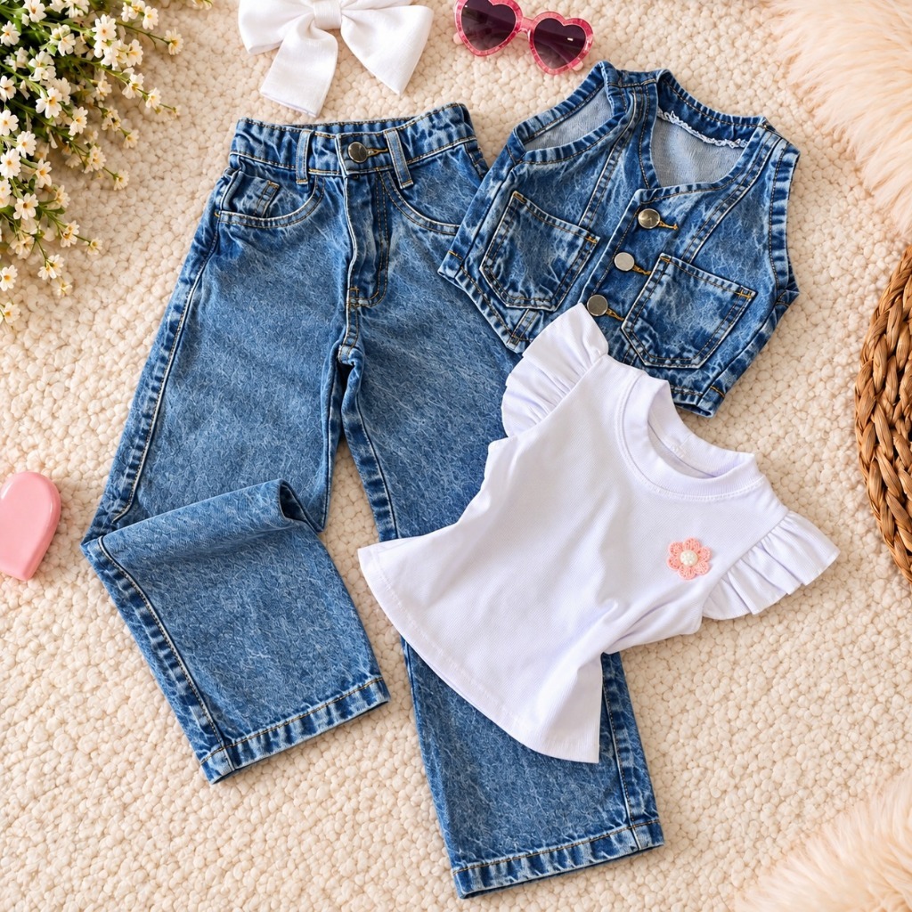 Conjunto Jeans Infantil 3 peças Menina Luxo Calça Wide Leg + Colete Jeans Moda Blogueirinha
