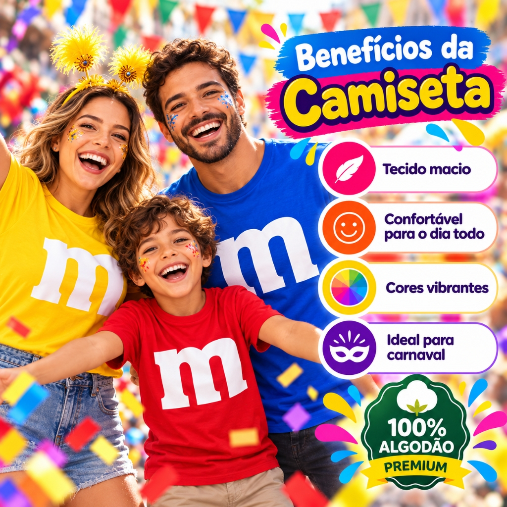 Camiseta M&M Unissex MM Carnaval Blusa Infantil Juvenil Adulta Aniversario Escola e Festas