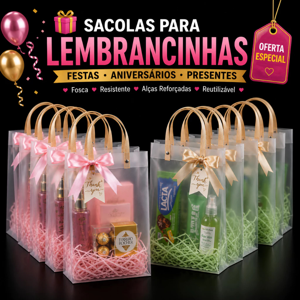 Kit 10/ 20 /30 Sacola Transparente Fosca Reforçada de PVC com Alça de Fibra lembrancinha festa infantil personalizados