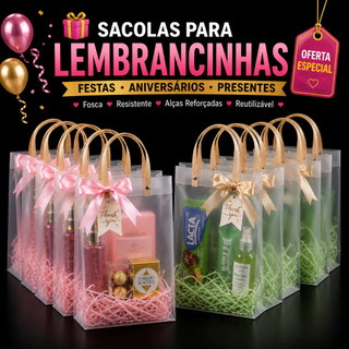 Kit 10/ 20 /30 Sacola Transparente Fosca Reforçada de PVC com Alça de Fibra lembrancinha festa infantil personalizados
