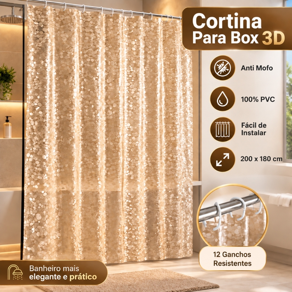 Cortina de Box Banheiro 3D com Ímã Anti Mofo 100% PVC com Ilhós 2m x 1,8m Resistente