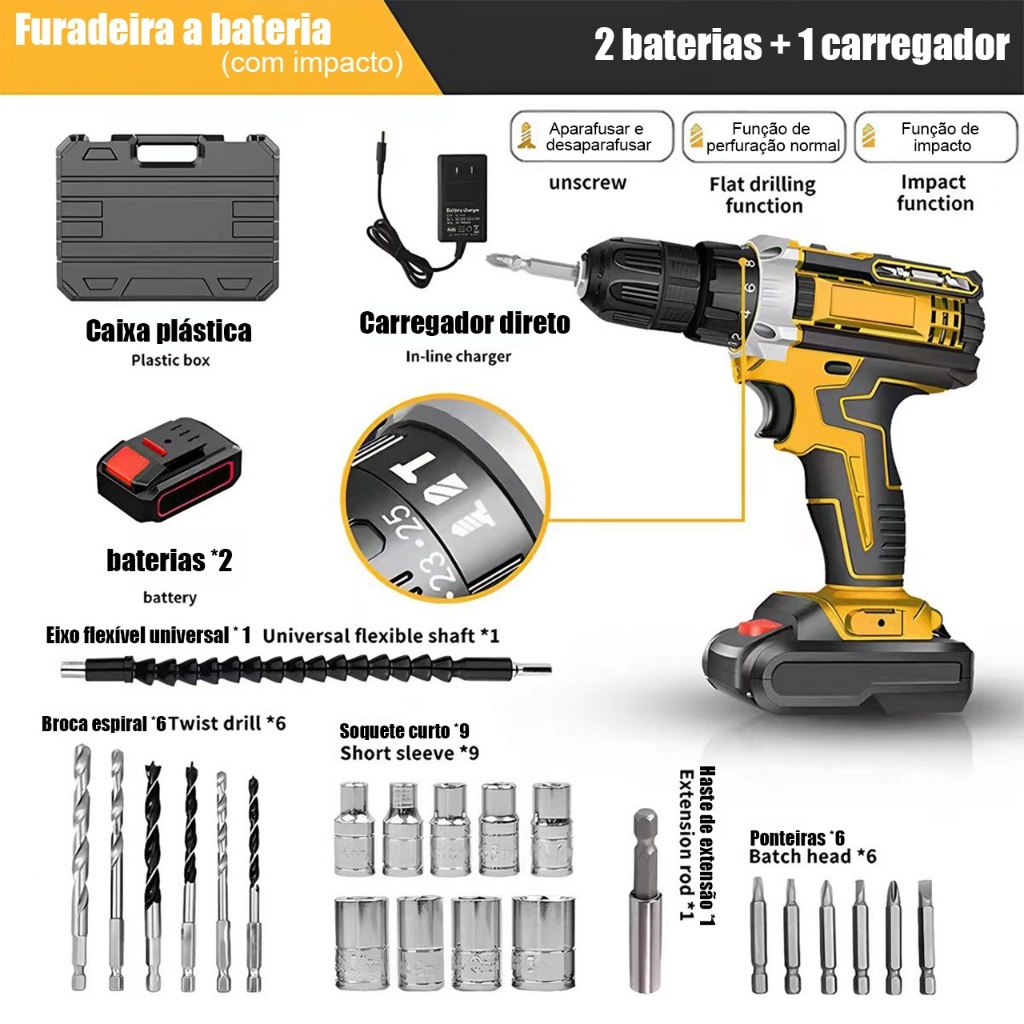 Furadeira Elétrica 48V Sem Fio com 2 Bateria Kit Profissional Acessórios Inclusos