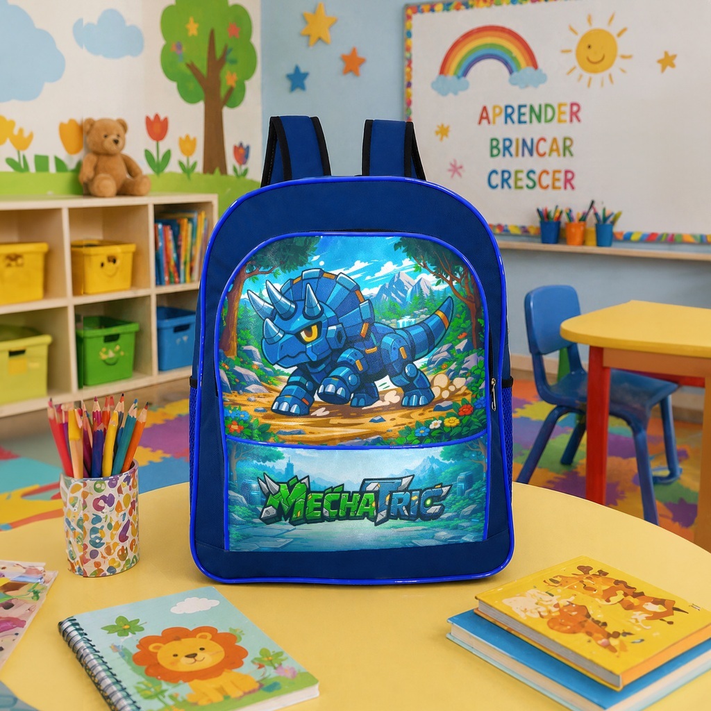 Mochila Escolar Infantil Bolsa Grande de Costa Menino Dinossauro Mecha Tric Reforçada Resistente Alça Ajustável