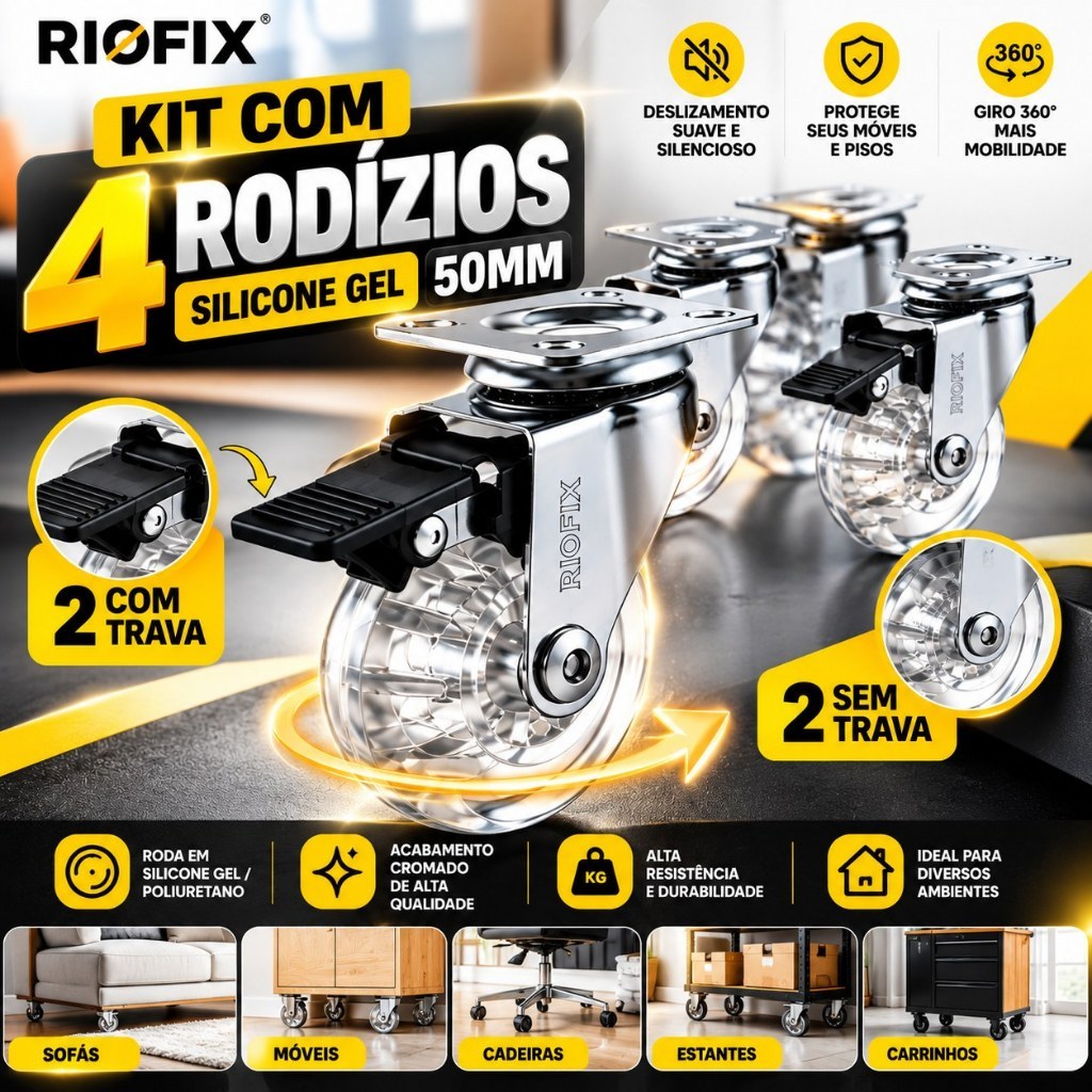 Kit 4 Rodinhas Móveis 50mm Silicone Gel 2 Com Trava 2 Sem Trava