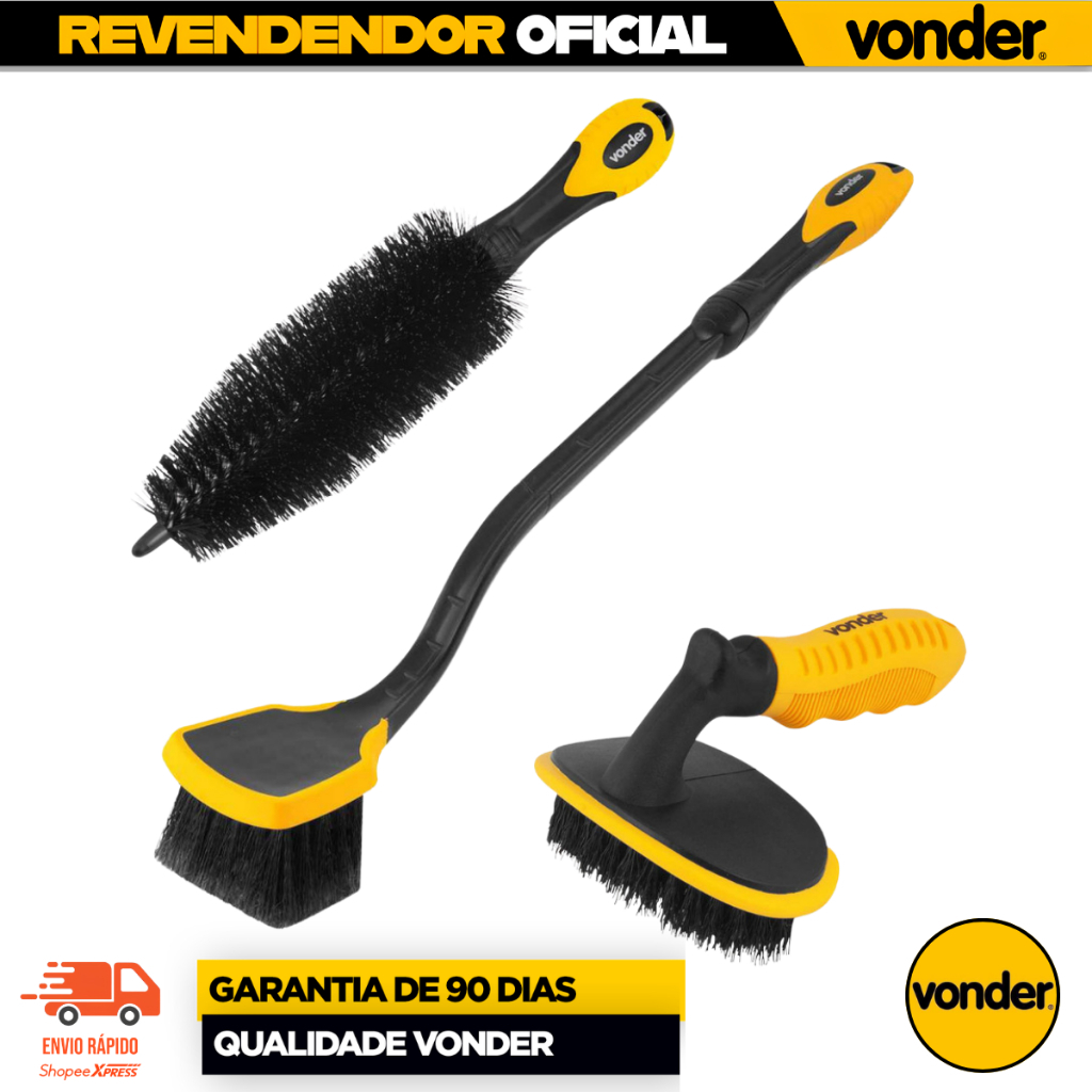 Kit Escovas Limpeza Automotiva Vonder 3 Peças Para Rodas Pneus Carro Detalhamento