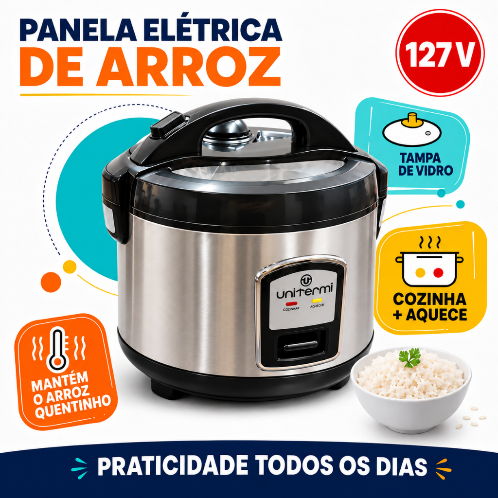 Panela de Arroz Elétrica Aço Inox Antiaderente 6 Xícaras UNITERMI 110/127V Prática Compacta