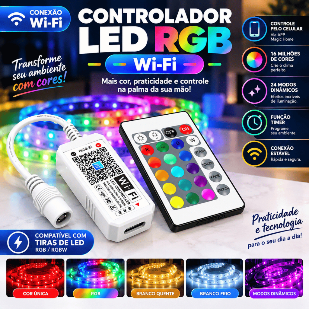 Kit Fita LED RGB 5 Metros com Controlador Wi-Fi e Controle Remoto, Iluminação Colorida Inteligente para Quarto, Sala, TV
