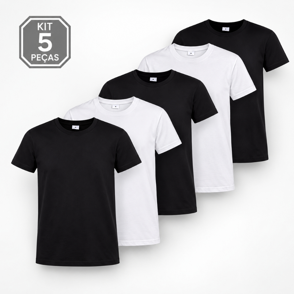 Kit 5 Camisetas Lisas Pretas e Brancas Masculinas 100% Algodão Fio 30.1