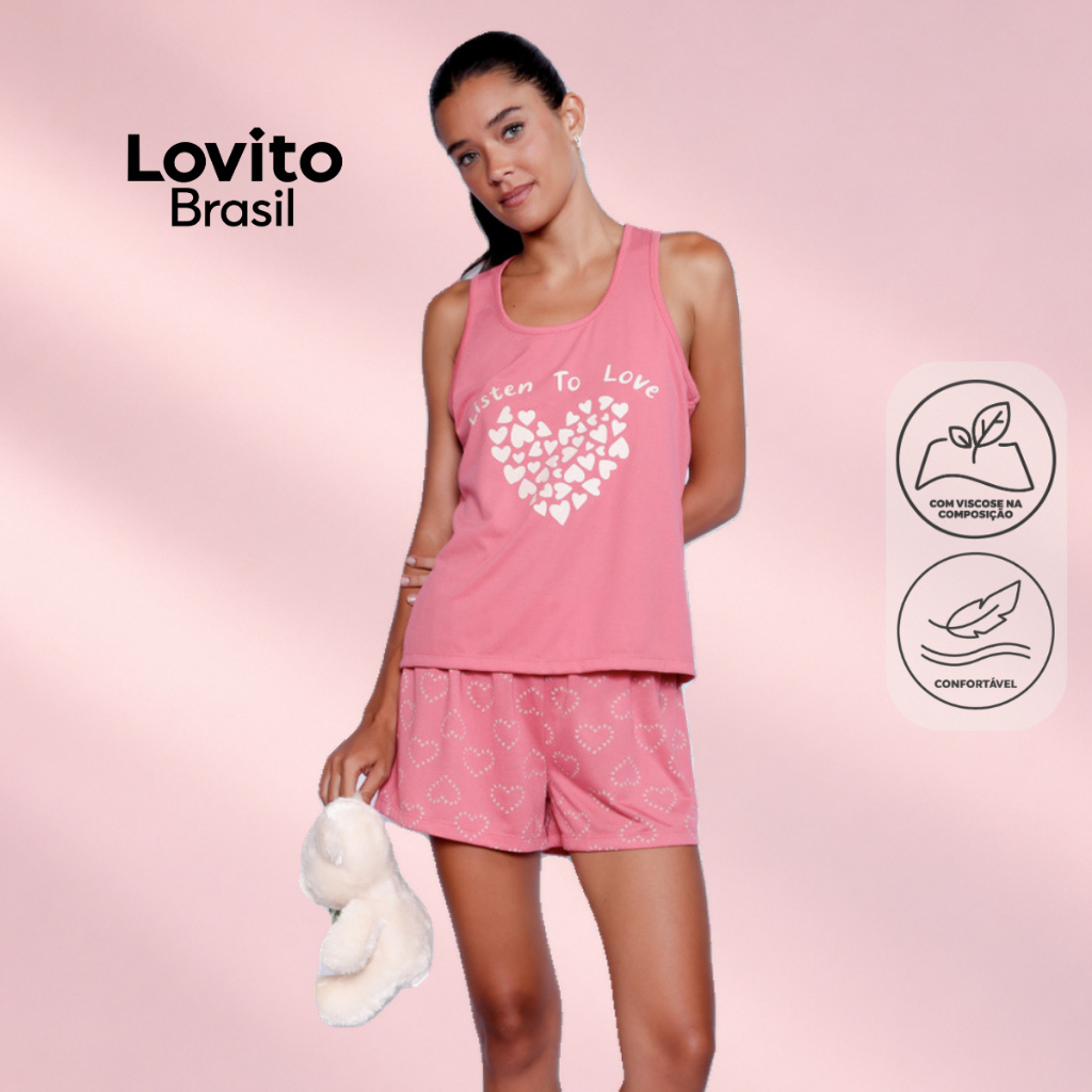Lovito Conjunto Pijama Feminino Regata e Shorts Estampado PJB999BRL1029