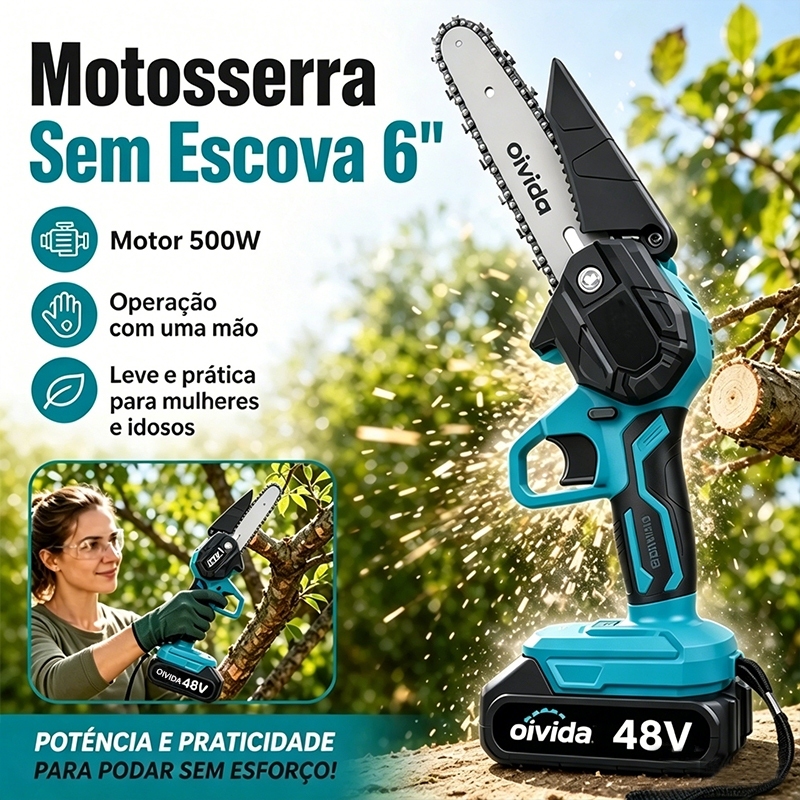 Motosserra Elétrica Portátil Mini 48V sem Escova – 6 Polegadas com 2 Baterias Inclusas