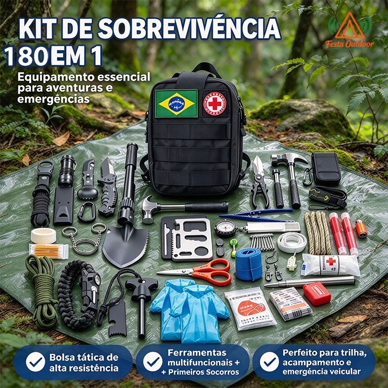 Festa Kit de Sobrevivência 180 Peças Mochila Camping Trilha com Primeiros Socorros