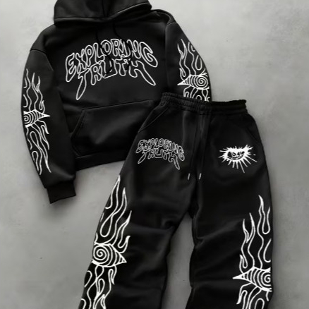 Conjunto De Moletom Canguru E Calça Estilo Streetwear Gótico Estampa Gráfica De Anjo- Confortável Flanelado Envio Rápido