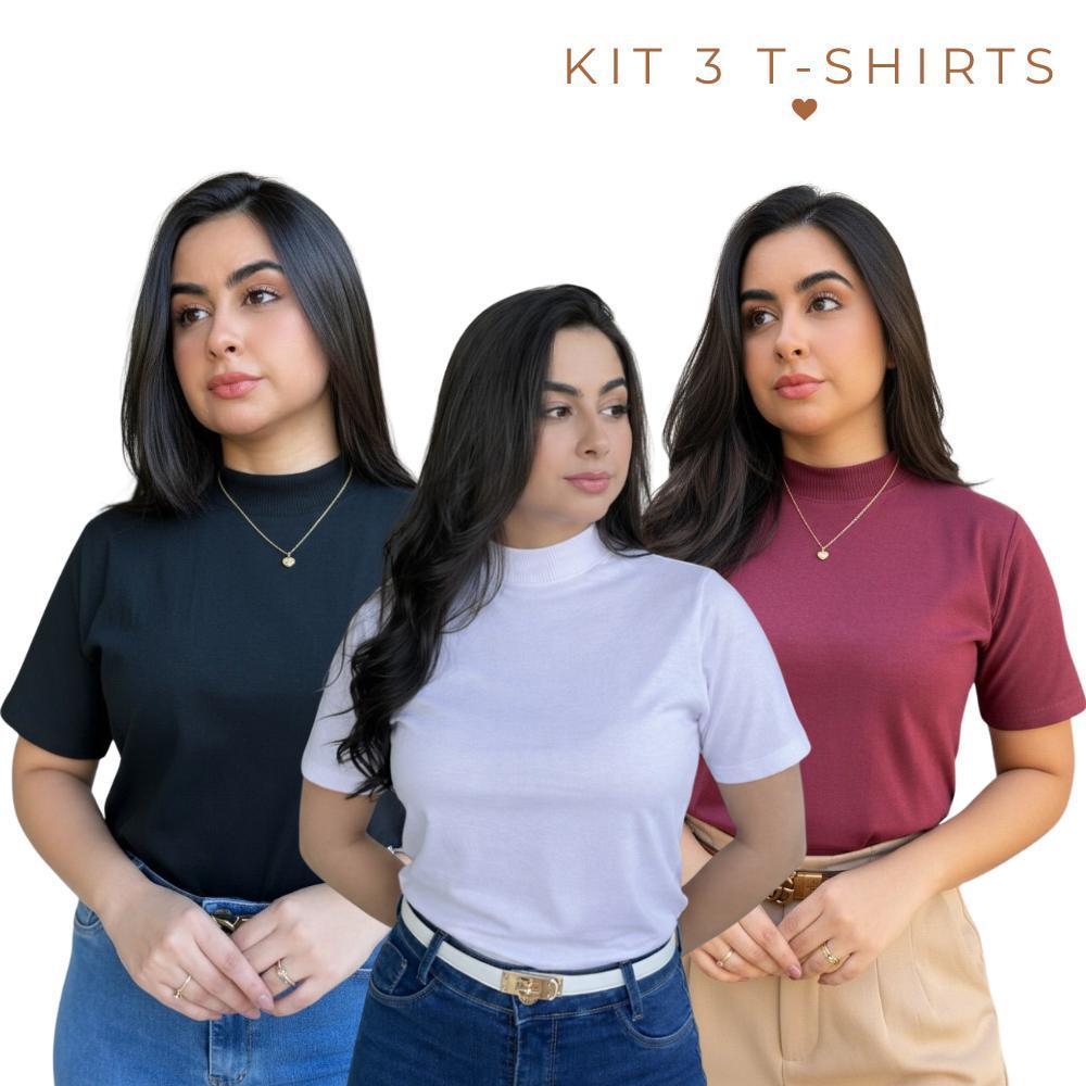Kit 3 Blusas Femininas Gola Alta Básica de Algodão Fashion e Atemporal