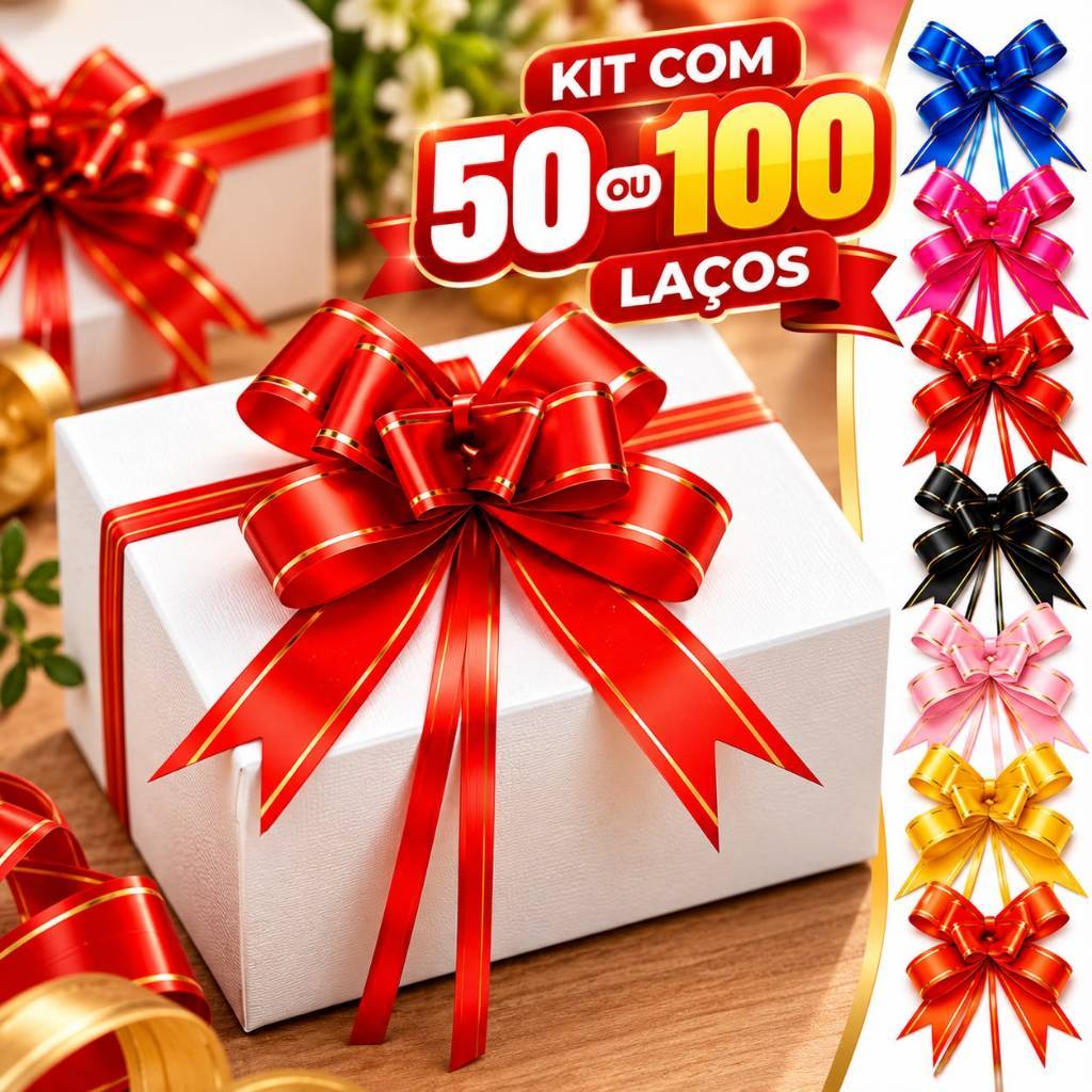 Kit 50 E 100 Laços Mágicos Para Presente Com Filete Dourado P/M/G Diversas Cores