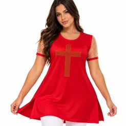 Bata Feminina Gospel de Dança Vermelha Cruz Dourada Natal com Brilho