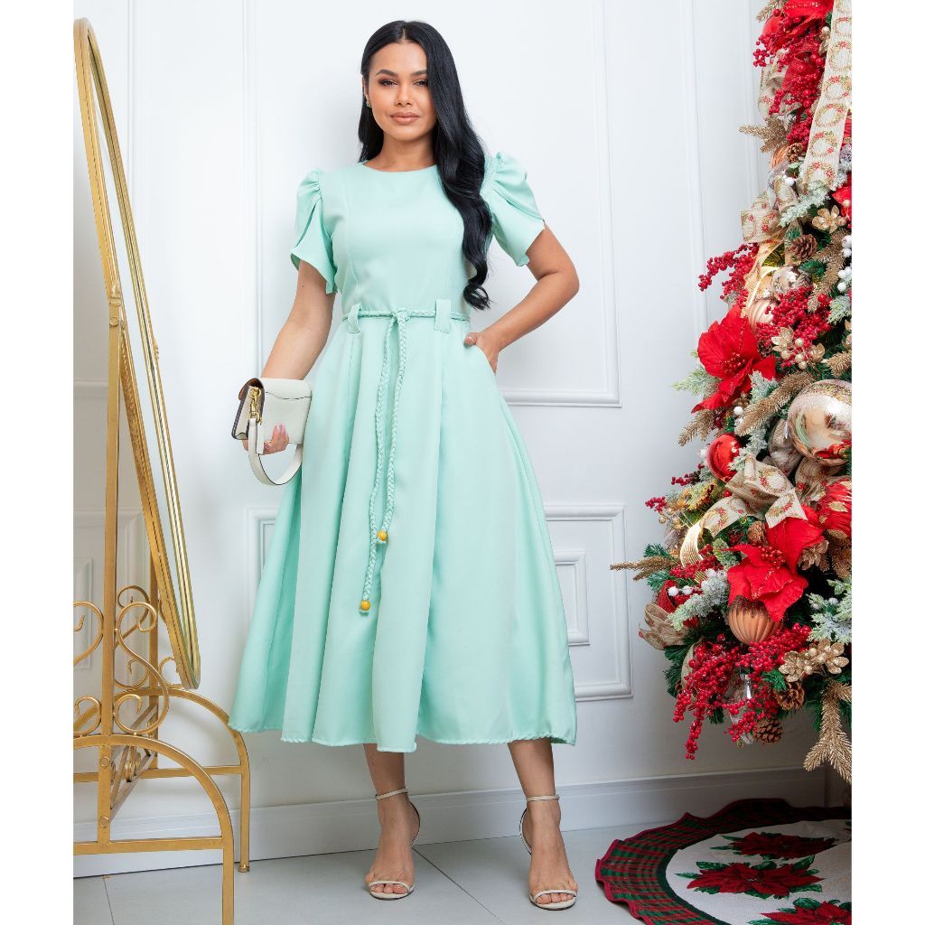 Vestido Feminino Midi Alfaiataria com Elastano Manga Estruturada | Modelo Tulipa com Cinto e Bolsos