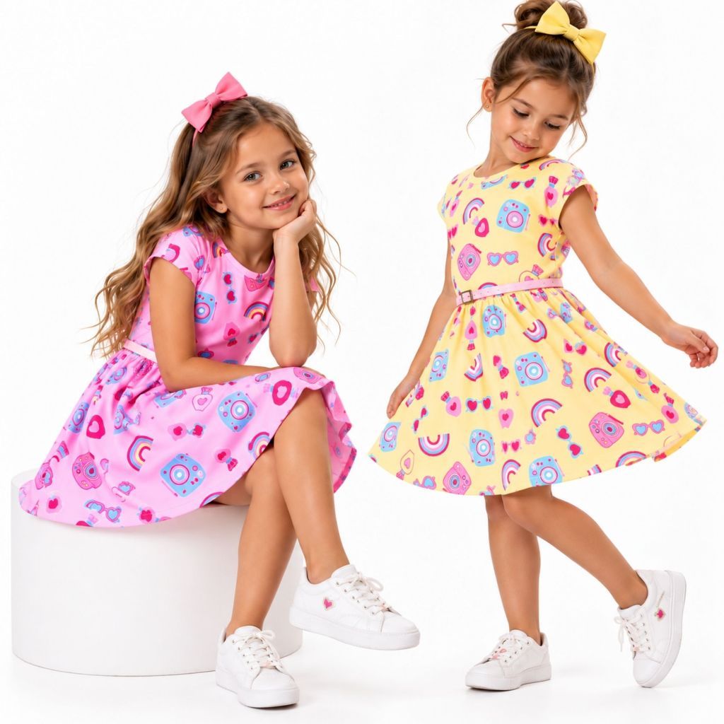 Kit 2 Vestido Infantil Menina Estampado Fresquinho Colorido 4 a 8 Anos Roupa de Criança Verão