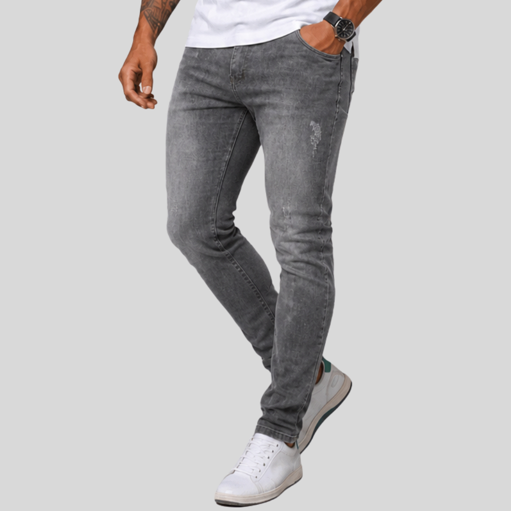 Calça Jeans Masculina Slim Fit Cinza Estica Com Lycra Elastano Destroyed Puído Premium