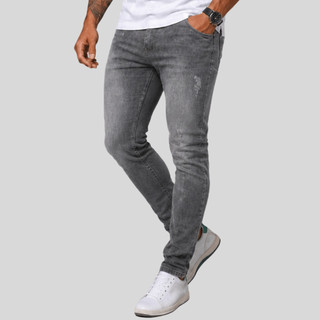 Calça Jeans Masculina Slim Fit Cinza Estica Com Lycra Elastano Destroyed Puído Premium