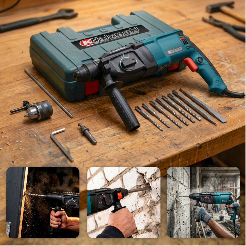 Martelete Rotativo Rompedor 1200w 12 Peças Furadeira De Impacto Potente 1000rpm Nakasaki