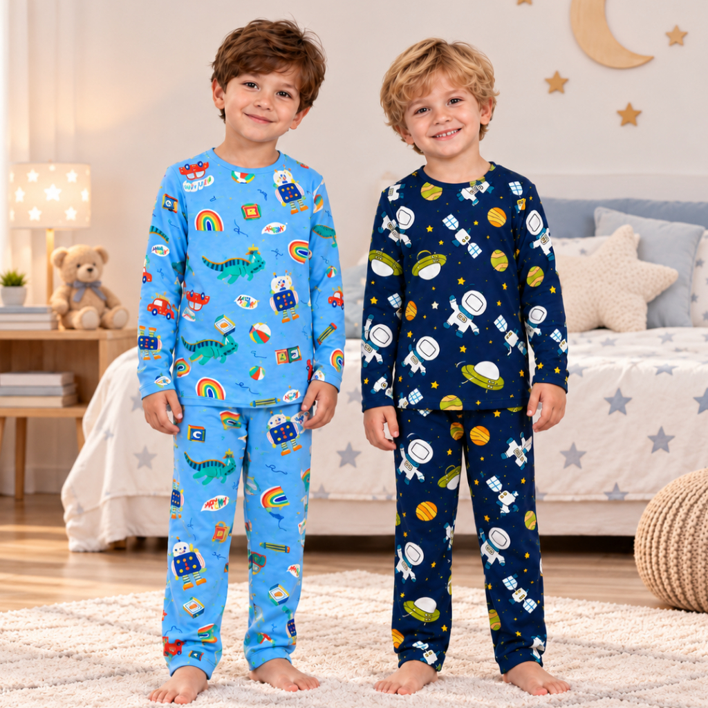 Kit Sortido 2 Pijamas Infantil Menino Estampado Manga Longa + Calça Confortável Roupa de Dormir Infantil Tamanho 2 ao 10