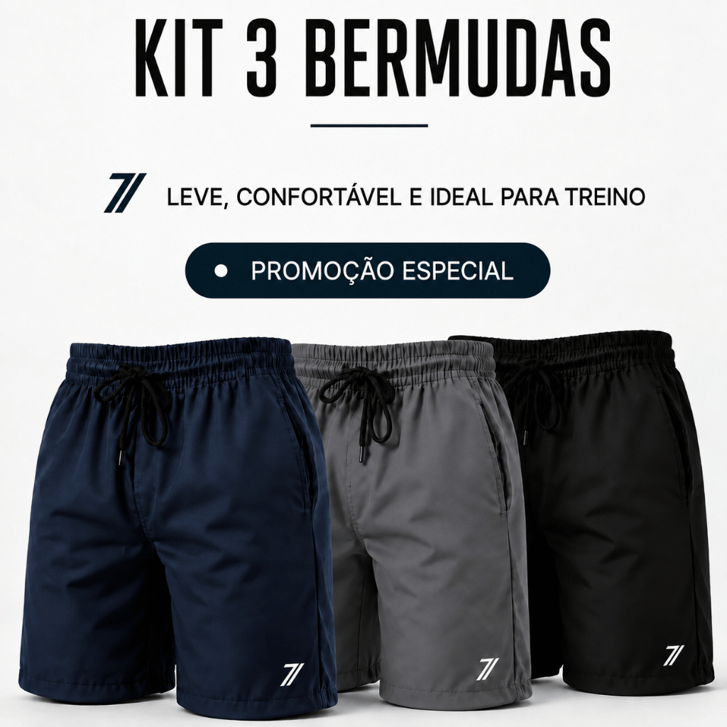 Seven Move Kit 3 Short Masculino Bermuda Microfibra Tactel Elastano Academia Treino Praia Proteção Solar Premium