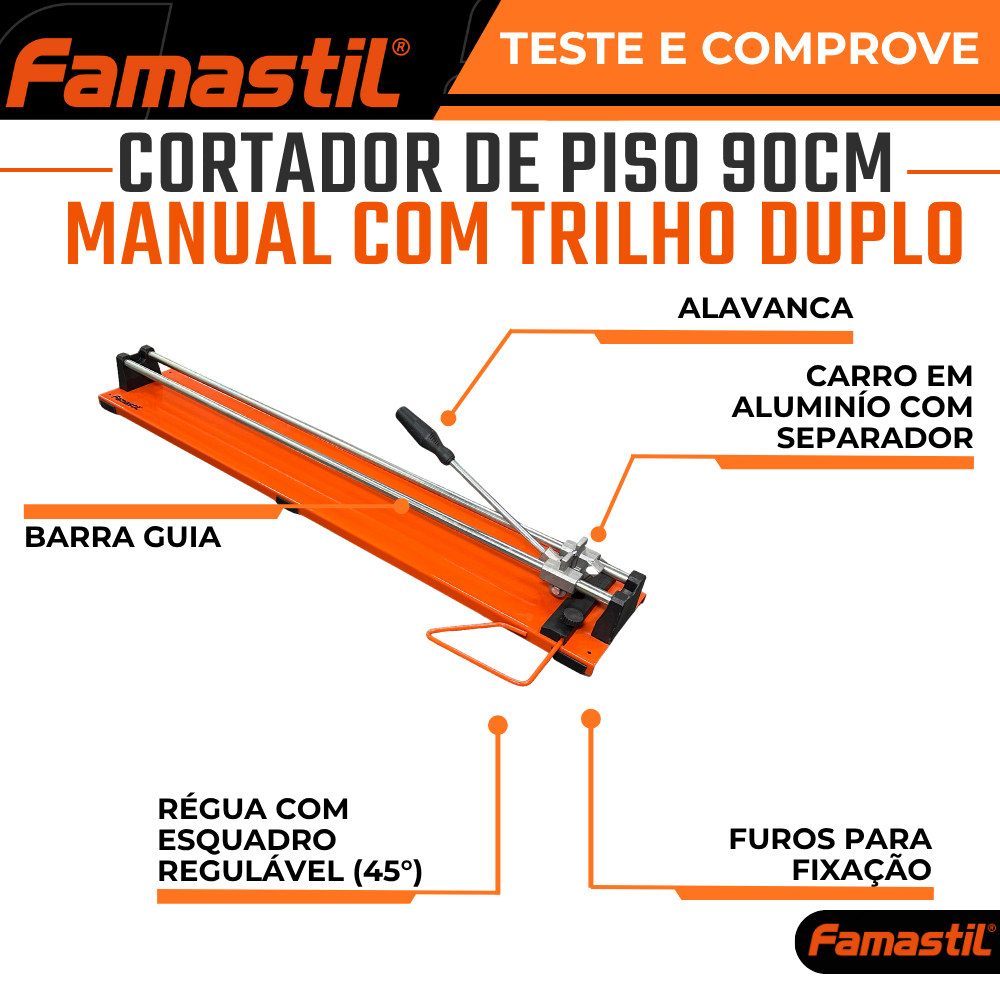 Cortador de Piso Manual Famastil 90cm Pisos Azulejos Profissional Trilho Duplo Base Anticorrosiva · foto 2